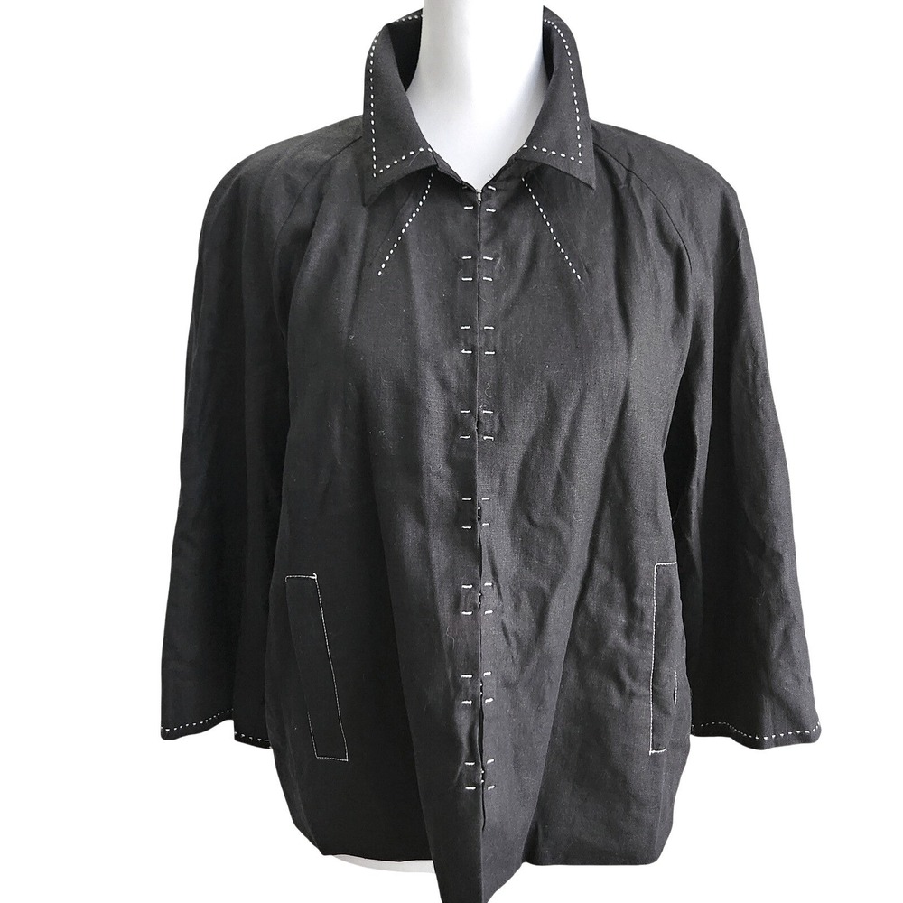 Coldwater Creek Petite Large Black Linen Jacket Button‎ Up Pockets PL
